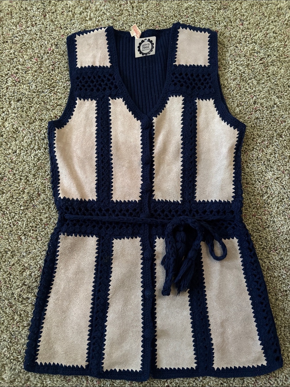 Vintage 1970s Tarri Leather Suede & Crochet Patchwork Knit Vest Sz Medium